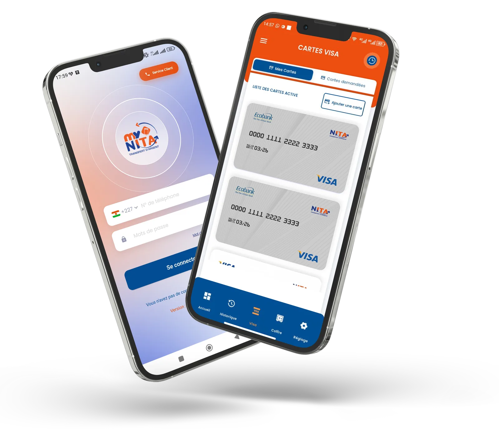 Cartes VISA NITA affichées dans l'application MyNITA sur smartphone