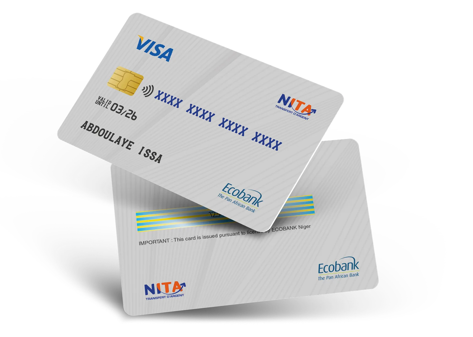 Carte VISA physique NITA x Ecobank — recto avec puce EMV, symbole sans contact, et verso