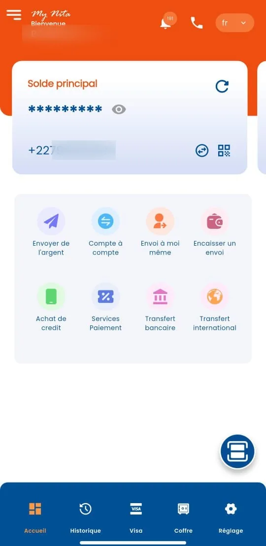 Écran d'accueil de l'application MyNITA — solde et menu d'actions